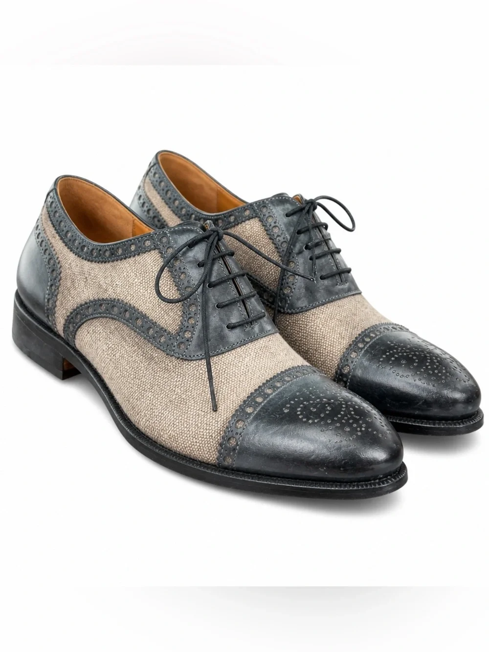 Magnanni Men's Two-Tone Brogue Oxford Shoes - Black and Beige SZ 10